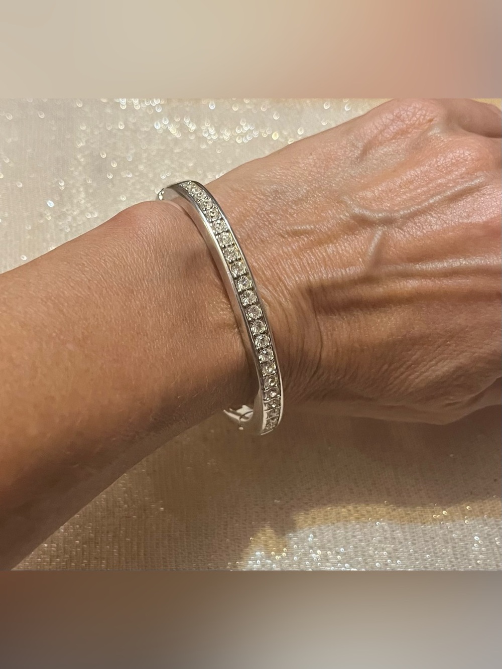 Silver Tone & Rhinestones Hinged Bangle Bracelet Vintage Y2K
